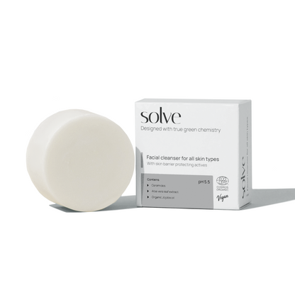 Solve Solid Facial Cleansing Bar, a mild natural skin wash for all skin types, eco-friendly and sulfate-free.